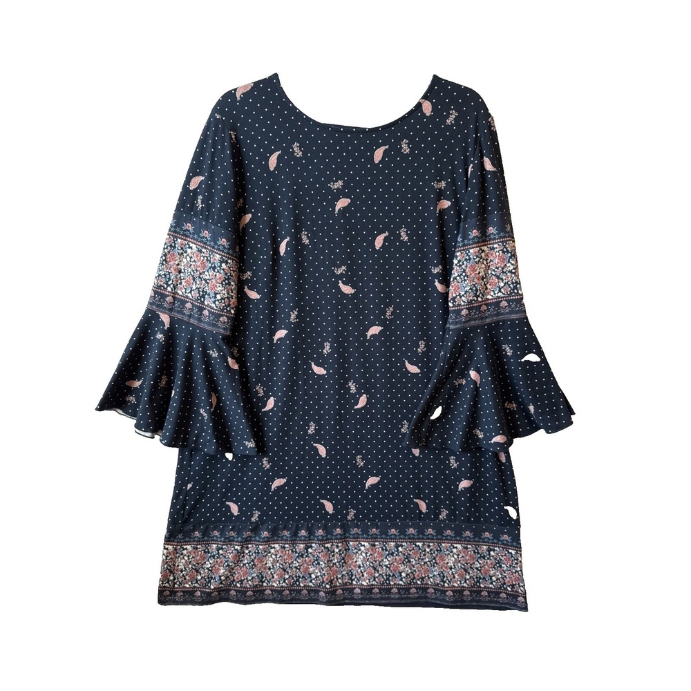 Urban Girl Boho Floral Polka Dot Dress XL Bell Sleeve Criss Cross‎ Back Peasant